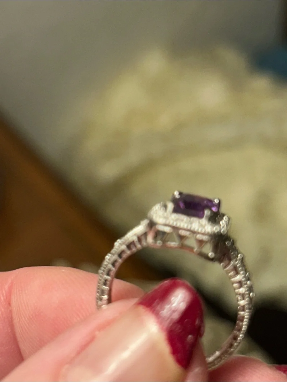 Silver Ring with Purple Gemstone and Halo Accents. Size 7